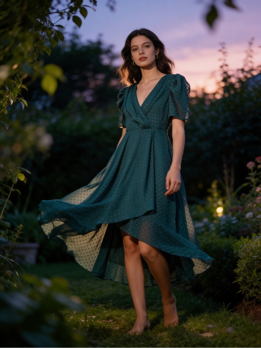 Tommy Hilfiger Emerald Green Faux Wrap Midi Dress Puff Sleeve Glitter Dot - Picture 4 of 16